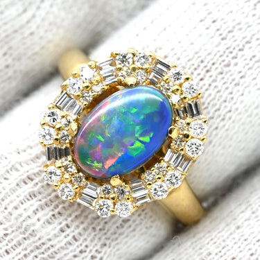 ノンブランド NON BRAND ブラックオパール 0.82ct ダイヤ マルチカラー×イエローゴールド K18YG ブラックオパール ダイヤモンド リング 指輪 18K 750 YG 遊色 オーバル 12号
