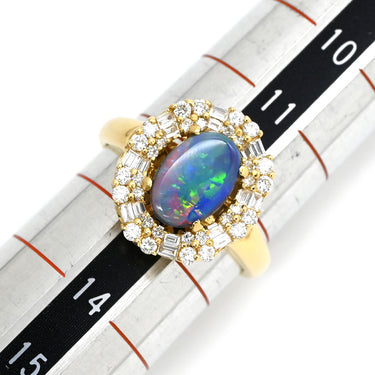 ノンブランド NON BRAND ブラックオパール 0.82ct ダイヤ マルチカラー×イエローゴールド K18YG ブラックオパール ダイヤモンド リング 指輪 18K 750 YG 遊色 オーバル 12号