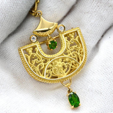 池田啓子 KEIKO IKEDA 透かし細工 2WAYブローチ イエローゴールド K18YG ダイヤモンド 色石 ブローチ AK 18K 750 YG ダイヤ 色石 扇型 モチーフ ペンダントトップ