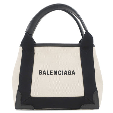 バレンシアガ BALENCIAGA ネイビーカバス XS 390346 ナチュラル×ブラック コットンキャンバス レザー 2WAYバッグ シルバー金具 白 黒