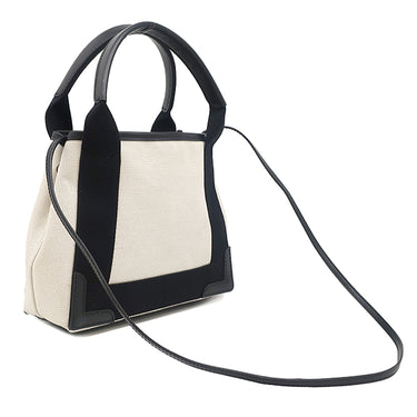 バレンシアガ BALENCIAGA ネイビーカバス XS 390346 ナチュラル×ブラック コットンキャンバス レザー 2WAYバッグ シルバー金具 白 黒