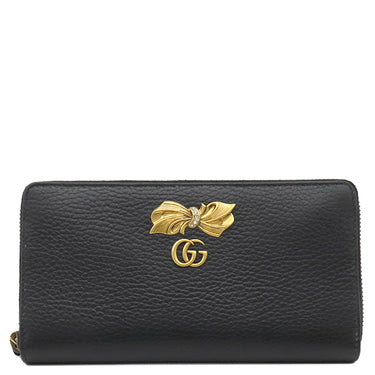 グッチ GUCCI ボウ ジップアラウンド ウォレット 524291 ブラック レザー 長財布 ヴィンテージ金具 黒 ピンク GGマーモント リボンモチーフ 花柄