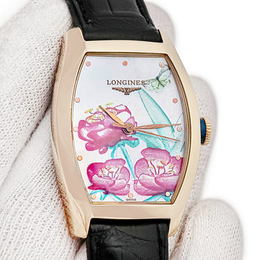 腕時計 ロンジン LONGINES エヴィデンツァ L2.142.8.80.2 自動巻き レディース K18PG無垢 シェル トノー フラワー 牡丹 限定