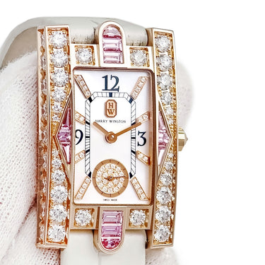 腕時計 ハリーウィンストン Harry Winston アヴェニュー オーロラ AVEQHM21RR125 クオーツ レディース K18PG シェル 純正ダイヤ×サファイア