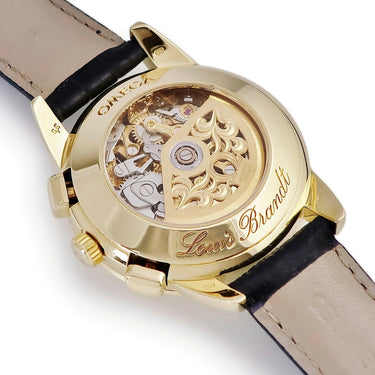 腕時計 オメガ OMEGA ルイ ブラン ドゥルクス クロノグラフ 178.0503 自動巻き メンズ K18YG無垢 スケルトン 青 ローマン デイト