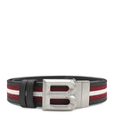 バリー BALLY Bロゴ リバーシブル 42/105 ブラック×レッド×ホワイト レザー ファブリック ベルト シルバー金具 黒 赤 白 Bバックル バリーリボン ライン