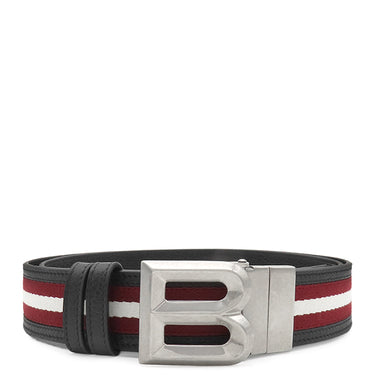 バリー BALLY Bロゴ リバーシブル 42/105 ブラック×レッド×ホワイト レザー ファブリック ベルト シルバー金具 黒 赤 白 Bバックル バリーリボン ライン