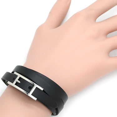 エルメス HERMES アピ3 レザー ロングブレスレット ブラック レザー メタル ブレスレット シルバー金具 黒