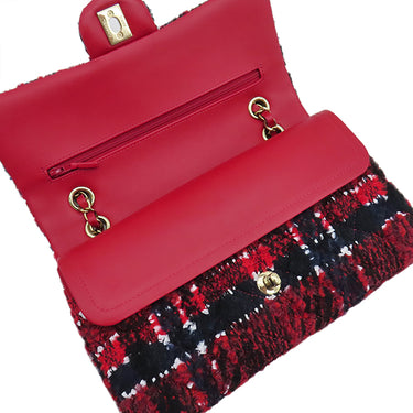 シャネル CHANEL マトラッセ 25 レッド×ネイビー ツイード ショルダーバッグ シャンパンゴールド金具 ダブルフラップ ココマーク