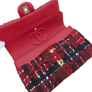 シャネル CHANEL マトラッセ 25 レッド×ネイビー ツイード ショルダーバッグ シャンパンゴールド金具 ダブルフラップ ココマーク
