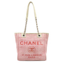 シャネル CHANEL ドーヴィル PM ピンク×ホワイト キャンバス レザー トートバッグ シルバー金具 ロゴ ココマーク チェーン トート