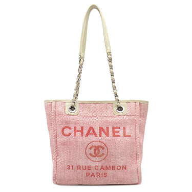 シャネル CHANEL ドーヴィル PM ピンク×ホワイト キャンバス レザー トートバッグ シルバー金具 ロゴ ココマーク チェーン トート