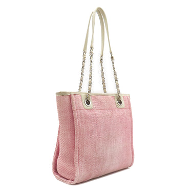 シャネル CHANEL ドーヴィル PM ピンク×ホワイト キャンバス レザー トートバッグ シルバー金具 ロゴ ココマーク チェーン トート