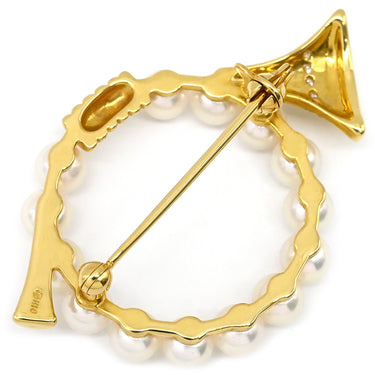 ミキモト MIKIMOTO あこやパール ダイヤ パールホワイト×イエローゴールド K18YG ダイヤモンド パール ブローチ Au750 18K 18金 YG 真珠 ホルンモチーフ ラウンドシェイプ