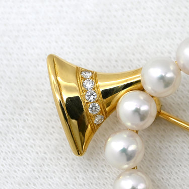 ミキモト MIKIMOTO あこやパール ダイヤ パールホワイト×イエローゴールド K18YG ダイヤモンド パール ブローチ Au750 18K 18金 YG 真珠 ホルンモチーフ ラウンドシェイプ