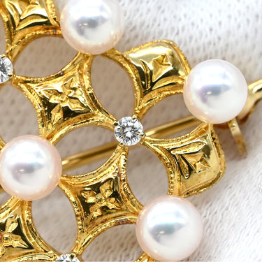 ミキモト MIKIMOTO ベビーパール ダイヤ パールホワイト×イエローゴールド K18YG ダイヤモンド パール ブローチ 白 Au750 18K 18金 YG 真珠 スクエア ひし形 ラウンドシェイプ