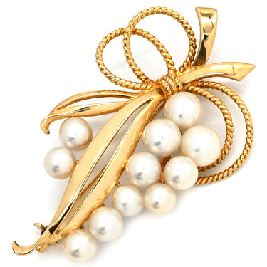 ミキモト MIKIMOTO パール ブーケ リボン パールホワイト×イエローゴールド K14YG パール ブローチ アコヤ真珠 14K ブローチストッパー付