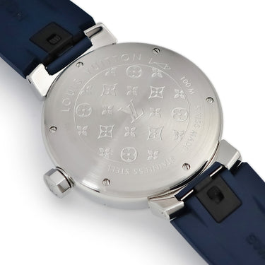 腕時計 ルイヴィトン LOUIS VUITTON タンブール GMT Q113M 自動巻き メンズ シルバー デイト アラビア バー デュアルタイム