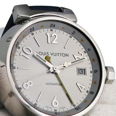 腕時計 ルイヴィトン LOUIS VUITTON タンブール GMT Q113M 自動巻き メンズ シルバー デイト アラビア バー デュアルタイム