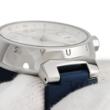 腕時計 ルイヴィトン LOUIS VUITTON タンブール GMT Q113M 自動巻き メンズ シルバー デイト アラビア バー デュアルタイム