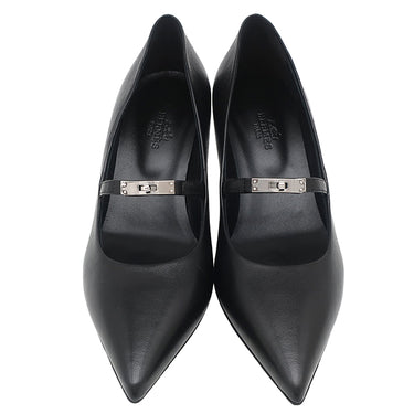 エルメス HERMES マジェステ 60 H261046Z ブラック レザー 36 パンプス シルバー金具 黒 ケリーバックル ポインテッドトゥ ストラップ付 6cmヒール