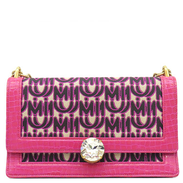ミュウミュウ MIU MIU チェーンショルダー ピンク キャンバス レザー ショルダーバッグ ゴールド金具 エムエムパリス ロゴ 総柄 クロコ型押し ビジュー