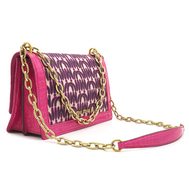 ミュウミュウ MIU MIU チェーンショルダー ピンク キャンバス レザー ショルダーバッグ ゴールド金具 エムエムパリス ロゴ 総柄 クロコ型押し ビジュー