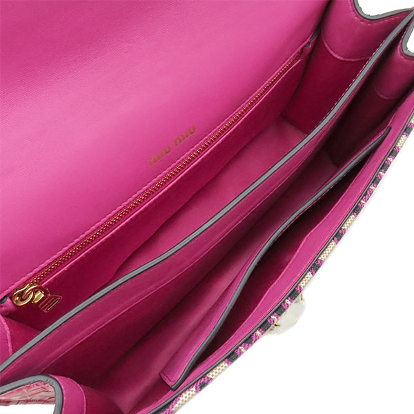 ミュウミュウ MIU MIU ショルダーバッグ チェーンショルダー キャンバス レザー ピンク ゴールド金具 エムエムパリス ロゴ 総柄 クロコ型押し ビジュー【中古】 ミュウミュウ MIU MIU チェーンショルダー ピンク キャンバス レザー