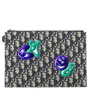 クリスチャン・ディオール Christian Dior ケニー シャーフ A5 ポーチ ネイビー系 レザー ジャガード クラッチバッグ シルバー金具 Kenny Scharf オブリーク セカンドバッグ