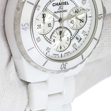 腕時計 シャネル CHANEL J12 クロノグラフ 41mm H2009 自動巻き メンズ OH済 純正ダイヤ ホワイトセラミック 白 デイト