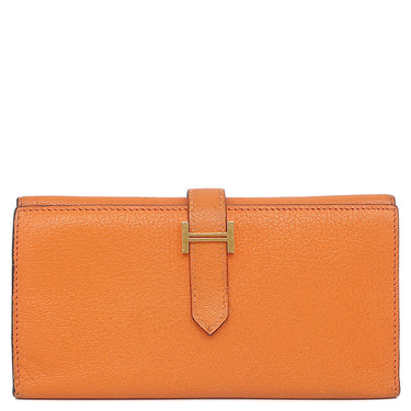 エルメス HERMES ベアンデュプリ オレンジ シェーブル 長財布 ゴールド金具 三つ折り財布 補修跡有