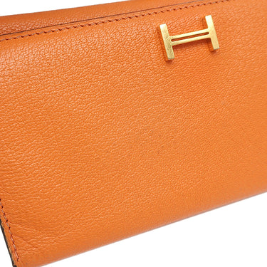 エルメス HERMES ベアンデュプリ オレンジ シェーブル 長財布 ゴールド金具 三つ折り財布 補修跡有