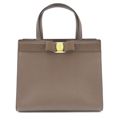 フェラガモ FERRAGAMO ヴァラ リボン トップハンドル 21I290 キャラウェイシード カーフ スプリットカーフ ファブリック 2WAYバッグ ゴールド金具 茶 ハンドバッグ ショルダーバッグ