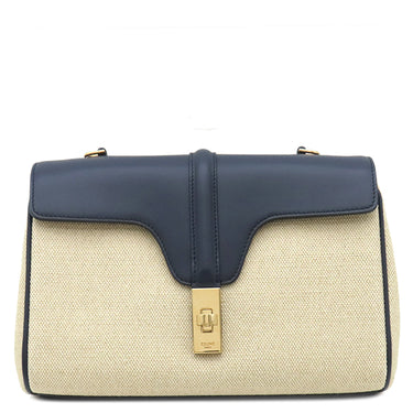 セリーヌ CELINE ティーン ソフト 16 セーズ 196852DJ9 ネイビー×ベージュ カーフ ファブリック ショルダーバッグ ゴールド金具 新品 未使用 キャンバス