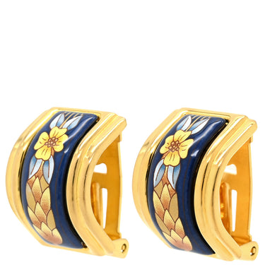 エルメス HERMES エマイユ ネイビーXマルチカラー GP 七宝焼き イヤリング ゴールド金具 紺 黄 七宝 花柄 植物 クリップ