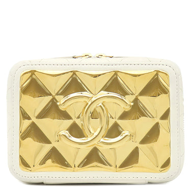 シャネル CHANEL ジップ アラウンド バニティ ホワイト ラムスキン ショルダーバッグ ゴールド金具 ココマーク プレート アイボリー