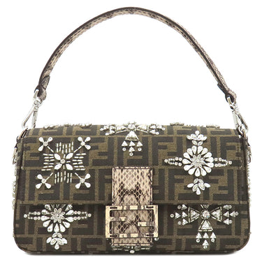 フェンディ FENDI バゲット ジャガード 8BR600 ブラウン キャンバス パイソン 2WAYバッグ シルバー金具 ズッカ柄 ビジュー クリスタル 25周年復刻デザイン