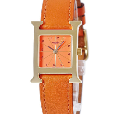 腕時計 エルメス HERMES Hウォッチ PM HH1.201 クオーツ レディース イエローGP オレンジ 2針 アラビア H型 スクエア