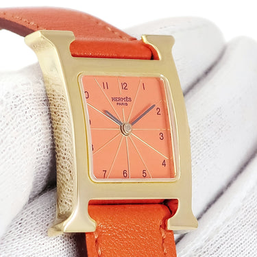 腕時計 エルメス HERMES Hウォッチ PM HH1.201 クオーツ レディース イエローGP オレンジ 2針 アラビア H型 スクエア