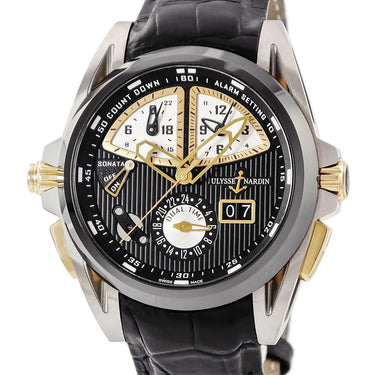 腕時計 ユリスナルダン ULYSSE NARDIN ソナタ ストリームライン 675-00 自動巻き メンズ チタン×K18RG×セラミック ブラック アラーム