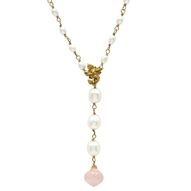 Chang Mee ローズクオーツ パール ペンダント ピンク×パールホワイト×イエローゴールド Pt850 パール ネックレス 18K 750 YG 淡水パール