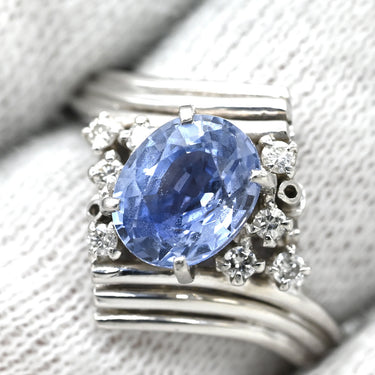 ノンブランド NON BRAND サファイア1.46ct ダイヤリング0.11ct ブルー×プラチナシルバー Pt900 サファイア リング 指輪 Pt900 ブルー オーバル アシンメトリー デザイン 12号