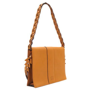 ロエベ LOEWE フラップバッグ ブラウン レザー 2WAYバッグ ゴールド金具 ハンドバッグ ショルダー 編み込み