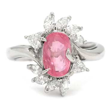 ノンブランド NON BRAND ピンクサファイア 1.40ct ダイヤ ピンク×プラチナシルバー Pt900 サファイア ダイヤモンド リング 指輪 桃色 プラチナ Pt900 オーバル ヘイローデザイン 11号