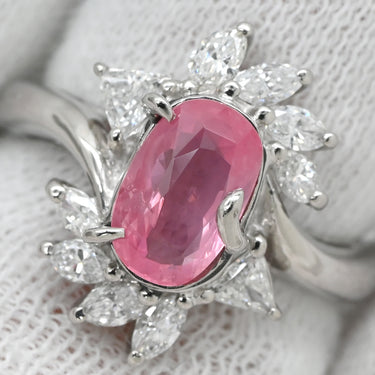 ノンブランド NON BRAND ピンクサファイア 1.40ct ダイヤ ピンク×プラチナシルバー Pt900 サファイア ダイヤモンド リング 指輪 桃色 プラチナ Pt900 オーバル ヘイローデザイン 11号