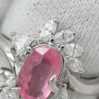 ノンブランド NON BRAND ピンクサファイア 1.40ct ダイヤ ピンク×プラチナシルバー Pt900 サファイア ダイヤモンド リング 指輪 桃色 プラチナ Pt900 オーバル ヘイローデザイン 11号