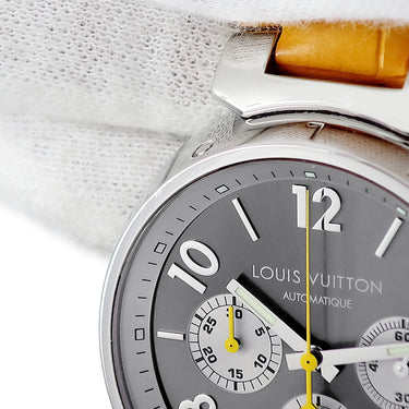 腕時計 ルイヴィトン LOUIS VUITTON タンブール クロノグラフ Q1120 自動巻き メンズ グレー スモールセコンド デイト