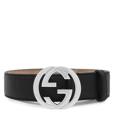 グッチ GUCCI インターロッキングG #110 114984 ブラック レザー グッチシマレザー ベルト シルバー金具 バックル付き 黒 シルバー グッチシマ