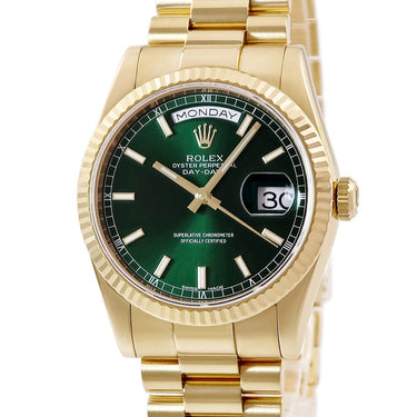 腕時計 ロレックス ROLEX デイデイト 36 118238 ランダム番 自動巻き メンズ メーカーOH済 ランダム番 K18YG無垢 グリーン フルーテッドベゼル