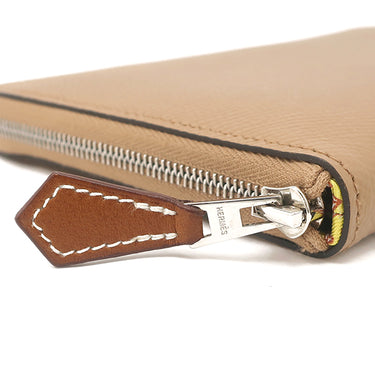 エルメス HERMES アザップロング シルクイン チャイ ヴォーエプソン 長財布 シルバー金具 薄茶 黄色 馬蹄モチーフ 花柄